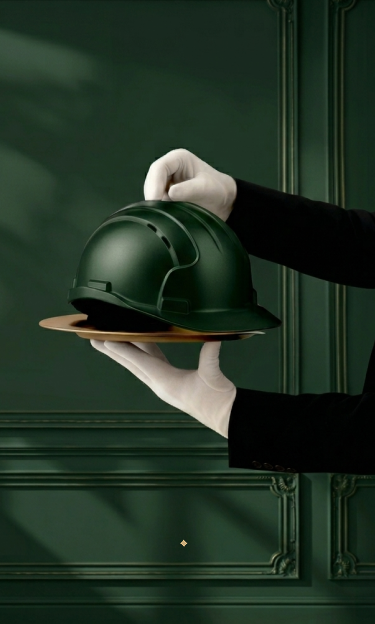White-gloved hand presenting an ADF hard hat